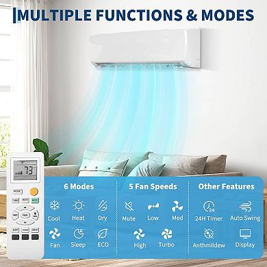 12000 BTU Mini Split AC, 19 SEER2, 750 Sq Ft, 115V, Quiet, Pre-Charged Kit