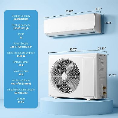 12000 BTU Mini Split AC, 19 SEER2, 750 Sq Ft, 115V, Quiet, Pre-Charged Kit
