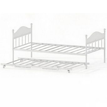 Twin Metal Daybed with Trundle Heavy Duty Steel Slat Platform Bed, Vintage Wood Headboard