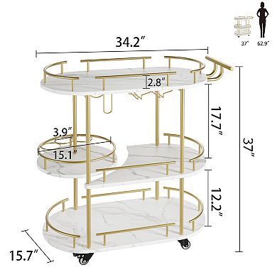 34.2x15.7x37 Inch 3 Tier Gold Iron Frame Rolling Bar Cart