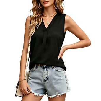 Women's Satin Sleeveless Tank Shirt v Neck Casual Basic Solid Color Summer Tops
