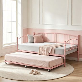 Twin Size Daybed with Trundle, Metal Daybed with Pull Out Trundle Set for Bedroom, Lockable Wheels