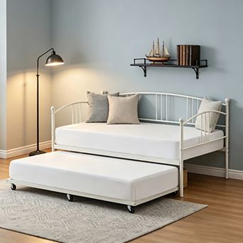 Twin Size Daybed with Trundle, Metal Daybed with Pull Out Trundle Set for Bedroom, Lockable Wheels