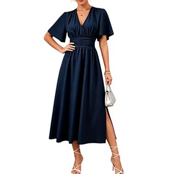 Women's V Neck Waist Ruched Side Slit Flowy Short Sleeve Maxi Shirt Dress Summer Casual Vacation