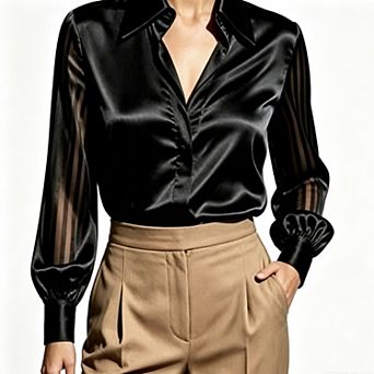 Women Satin Lapel Collar Blouse, Sheer Striped Lantern Long Sleeve Shirt with Gathered Cuffs