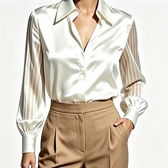 Women Satin Lapel Collar Blouse, Sheer Striped Lantern Long Sleeve Shirt with Gathered Cuffs