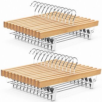25 Pack Solid Wood Pants Hangers with Adjustable Clips Heavy Duty Anti Slip