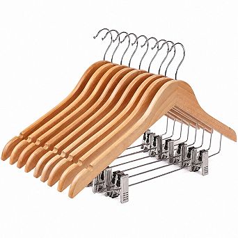 17.5 Inch Wooden Pants Hangers With Adjustable Clips 360 Swivel Hooks Space Saving
