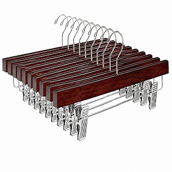 24 Pack Walnut Wooden Pants Hangers with Adjustable Clips 14 Inch Closet Storage