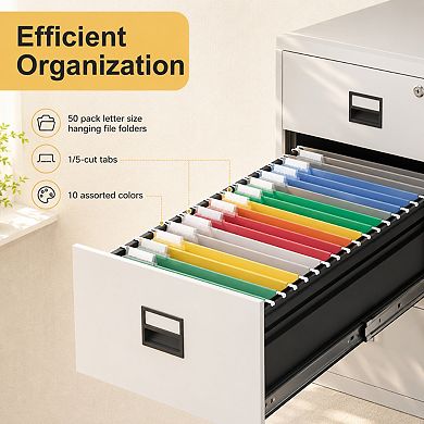 50 Pack Letter Size Hanging File Folders 10 Colors 1/5 Cut Tabs Expandable Organizer