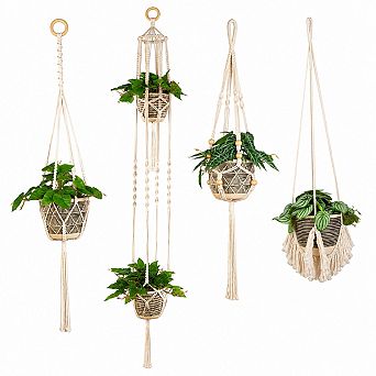 4 Pack Boho Macrame Hanging Plant Holders With Tassels Indoor Home Decor