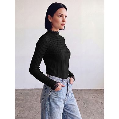 Women's Sweater Splicing Knit Mock Neck False Two Piece Long Sleeves Ruffle Lace Trim Pullover Top