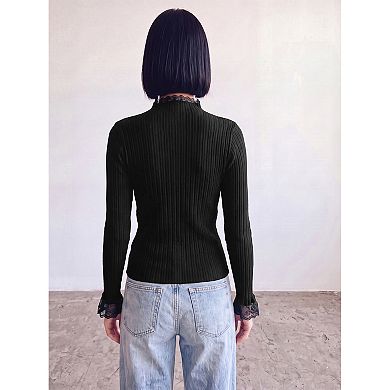 Women's Sweater Splicing Knit Mock Neck False Two Piece Long Sleeves Ruffle Lace Trim Pullover Top