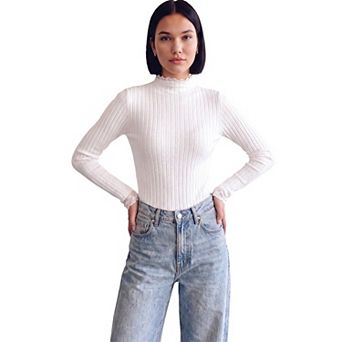 Women's Sweater Splicing Knit Mock Neck False Two Piece Long Sleeves Ruffle Lace Trim Pullover Top