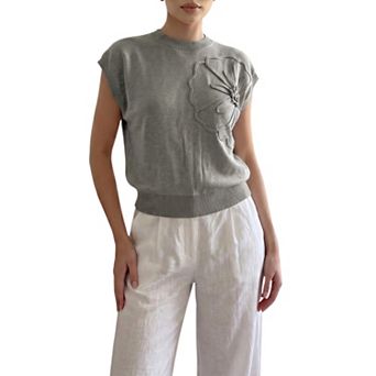 Womens Sweater Vest Ribbed Crewneck Short Cap Sleeve 3D Embossed Floral Pullover Knit Tank Tops