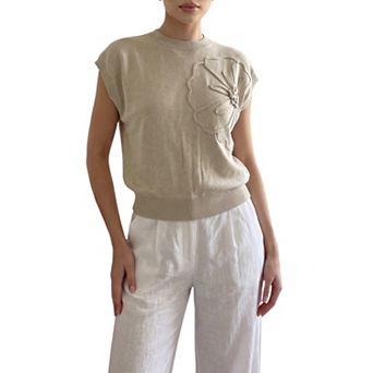 Womens Sweater Vest Ribbed Crewneck Short Cap Sleeve 3D Embossed Floral Pullover Knit Tank Tops