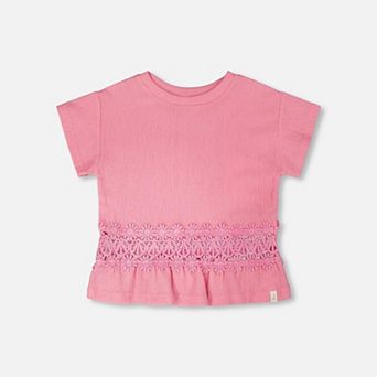 Big Kids Girl Crinkle Jersey Long T-Shirt with Crochet Insert
