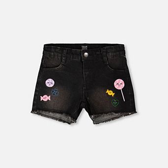 Little Kids Girl Denim Zip Front Embroidered Shorts