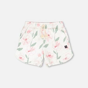 Little Kids Girl Floral Print Drawstring Waist Curved Hem French Terry Shorts