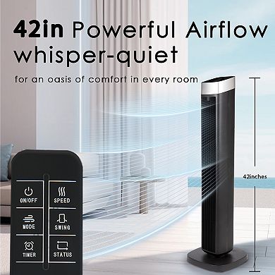 42 in. 4 speeds Tower Fan in Black with Oscillating, Remote Control, 12Timer