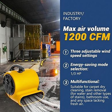 Industrial Floor Dryer Air Mover 1 Piece 1200 CFM 3 Speed 5 Angle 15FT Cord Stackable
