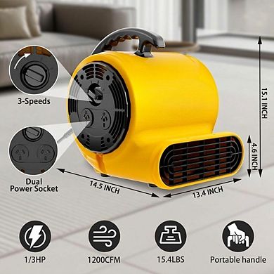 Industrial Floor Dryer Air Mover 1 Piece 1200 CFM 3 Speed 5 Angle 15FT Cord Stackable