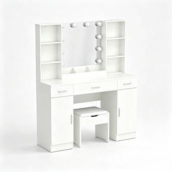 Vabches 45.2" Vanity Desk Set with Lighted Mirror, Storage Bench, 3 Brightness Modes, Charging