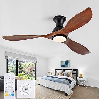 52 inch flush mount ceiling fan with light 3 solid wood blades remote wall control dimmable