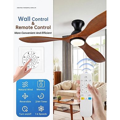 52 inch flush mount ceiling fan with light 3 solid wood blades remote wall control dimmable