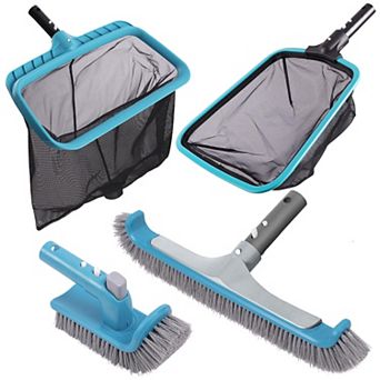 4 pc Pool Cleaning Kit Wall Brush Rotatable Scrubber Leaf Rake Skimmer Net