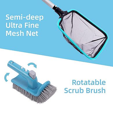 4 Piece Pool Cleaning Kit Wall Brush Rotatable Scrubber Leaf Rake Skimmer Net