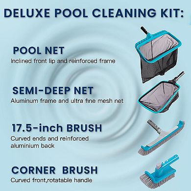 4 Piece Pool Cleaning Kit Wall Brush Rotatable Scrubber Leaf Rake Skimmer Net