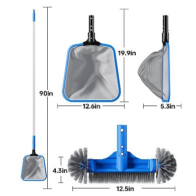 Pool Cleaning Kit Skimmer Net Round Brush Adjustable Aluminum Pole