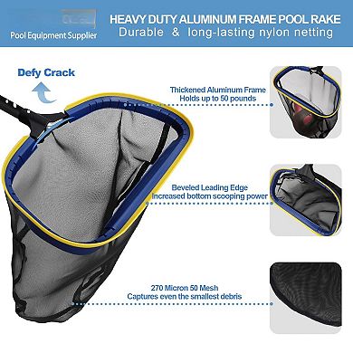 5 in 1 Pool Cleaning Kit With 13ft Adjustable Pole Skimmer Net Leaf Rake Brush