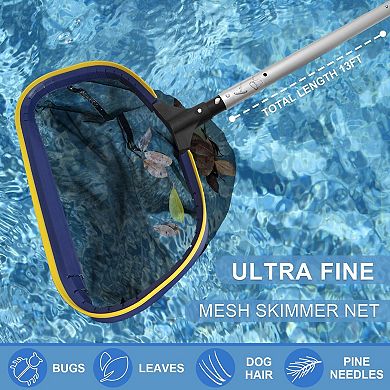 5 in 1 Pool Cleaning Kit With 13ft Adjustable Pole Skimmer Net Leaf Rake Brush