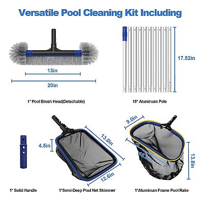 5 in 1 Pool Cleaning Kit With 13ft Adjustable Pole Skimmer Net Leaf Rake Brush