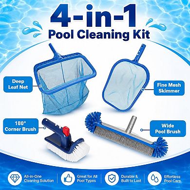 4 Piece Pool Cleaning Kit Skimmer Nets Wall Scrubber Brush Set