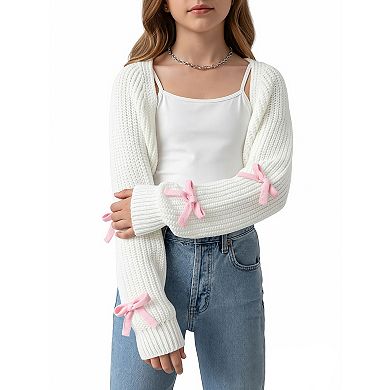 Girls Open Front Bow Decor Cropped Knit Shrug Cardigan
