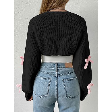 Girls Open Front Bow Decor Cropped Knit Shrug Cardigan