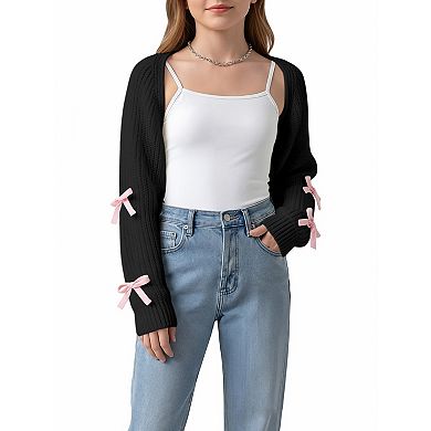 Girls Open Front Bow Decor Cropped Knit Shrug Cardigan