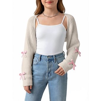 Girls Open Front Bow Decor Cropped Knit Shrug Cardigan