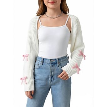 Girls Open Front Bow Decor Cropped Knit Shrug Cardigan