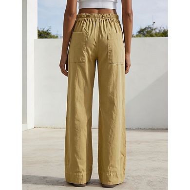Women High Waist Stitched Patch Pocket Wide Leg Long Pants