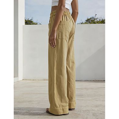 Women High Waist Stitched Patch Pocket Wide Leg Long Pants