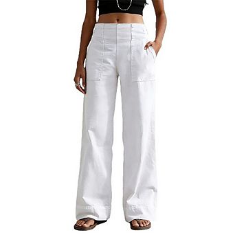 Women High Waist Stitched Patch Pocket Wide Leg Long Pants