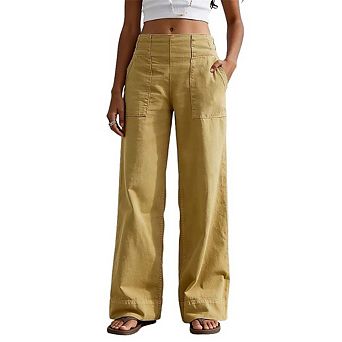 Women High Waist Stitched Patch Pocket Wide Leg Long Pants