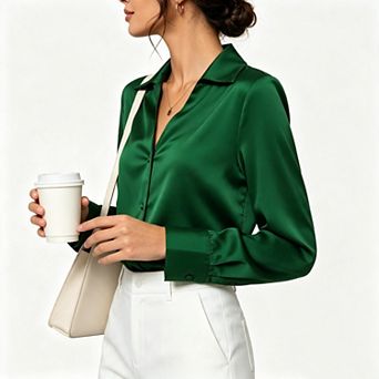 Women Silky Satin Lapel V-Neck Long Sleeve Button Down Elegant Office Blouse