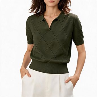 Womens Diamond Hollow Out Knitted Blouse Polo V Neck Short Sleeve Cropped Knit Shirt