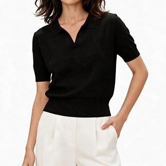 Womens Diamond Hollow Out Knitted Blouse Polo V Neck Short Sleeve Cropped Knit Shirt