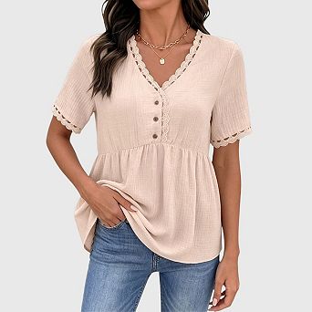 Womens Short Sleeve Babydoll Tops Lace Trim V Neck Tunic Shirts Summer Spring Blouse